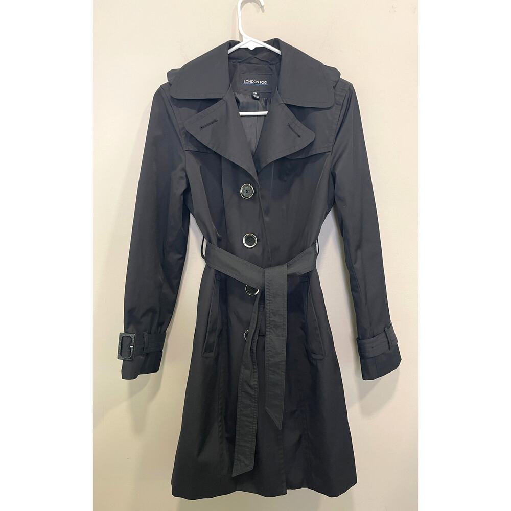 London Fog Black Trench Coat Silver Embellishment Preppy Womens Sz PM